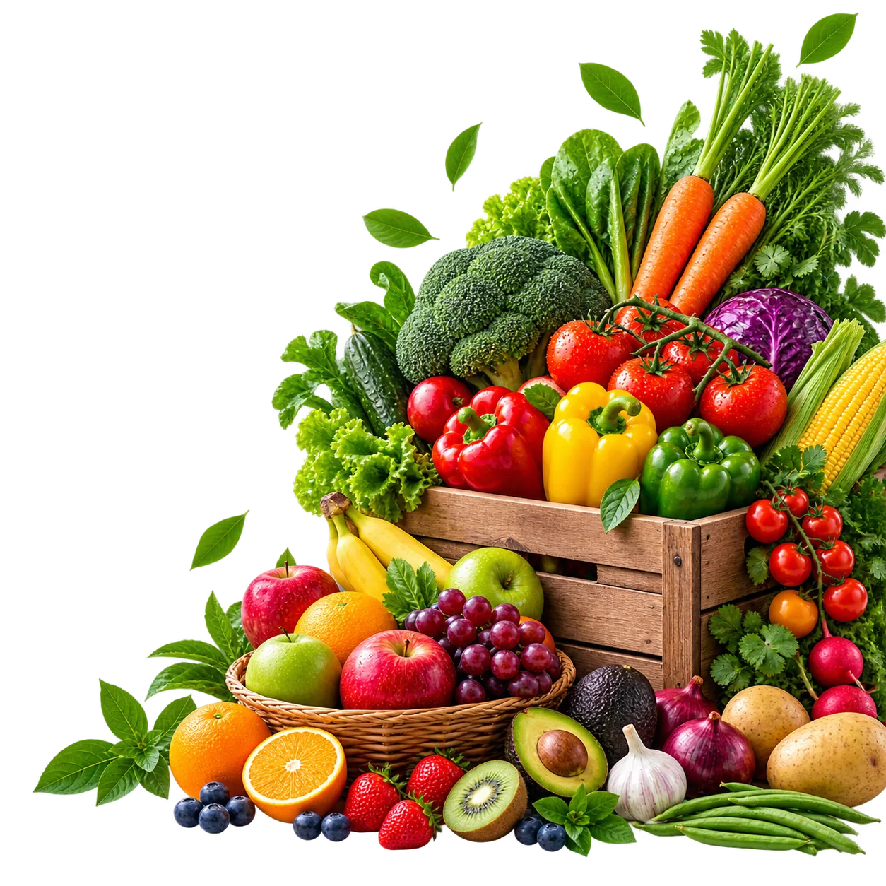 A wooden crate filled with farm-fresh fruit and vegetables