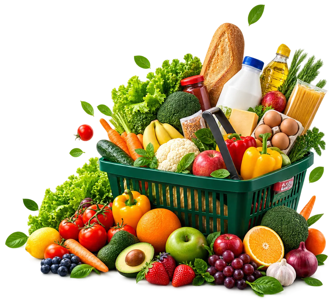 A basket overflowing with fresh groceries