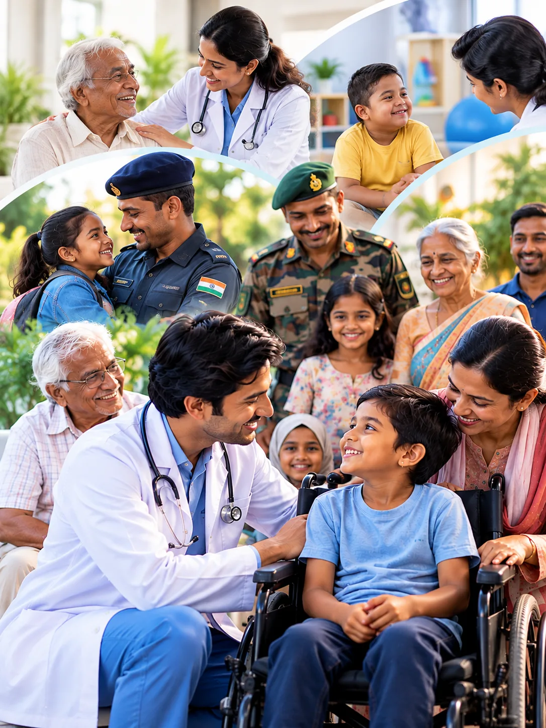Illustration of a doctor supporting children, seniors and families through community healthcare
