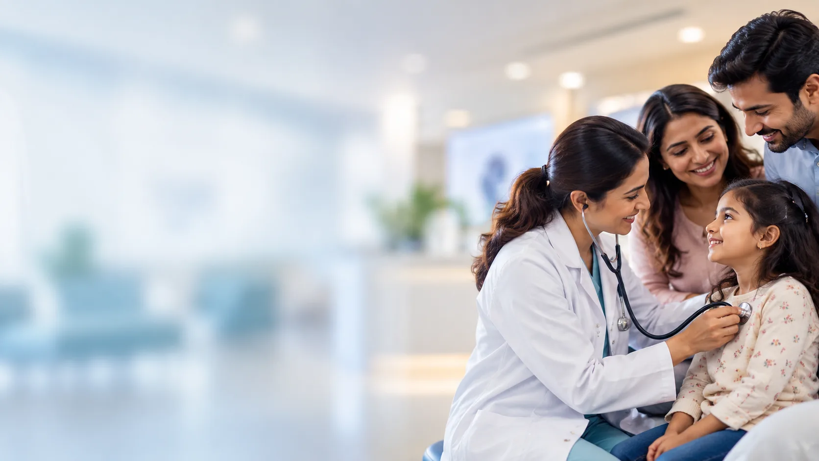 Illustration of a doctor caring for a child and family
